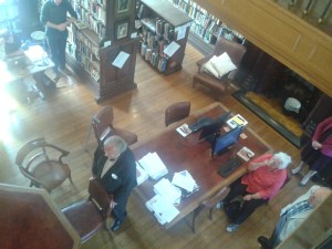 Richard Price addresses those present in the library. Emeritus Editor Rev Peter and Sheila Godfrey can be seen in the corner of the shot