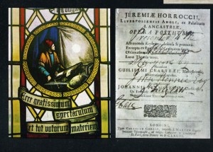 The staied glass window at Hoole Church and the title page of Horrocks' posthumous work