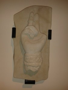 Replica in sandstone of a medieval carving of St Patrick's hand by Claire Sampson