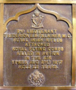 Memorial to 2nd Lieut. Frederick E.B. Falkiner MC in Dublin Unitarian Church. Killed serving with the Royal Flying Corps near Ypres August 1917 aged 22. (With thanks to P. Spain for photo)