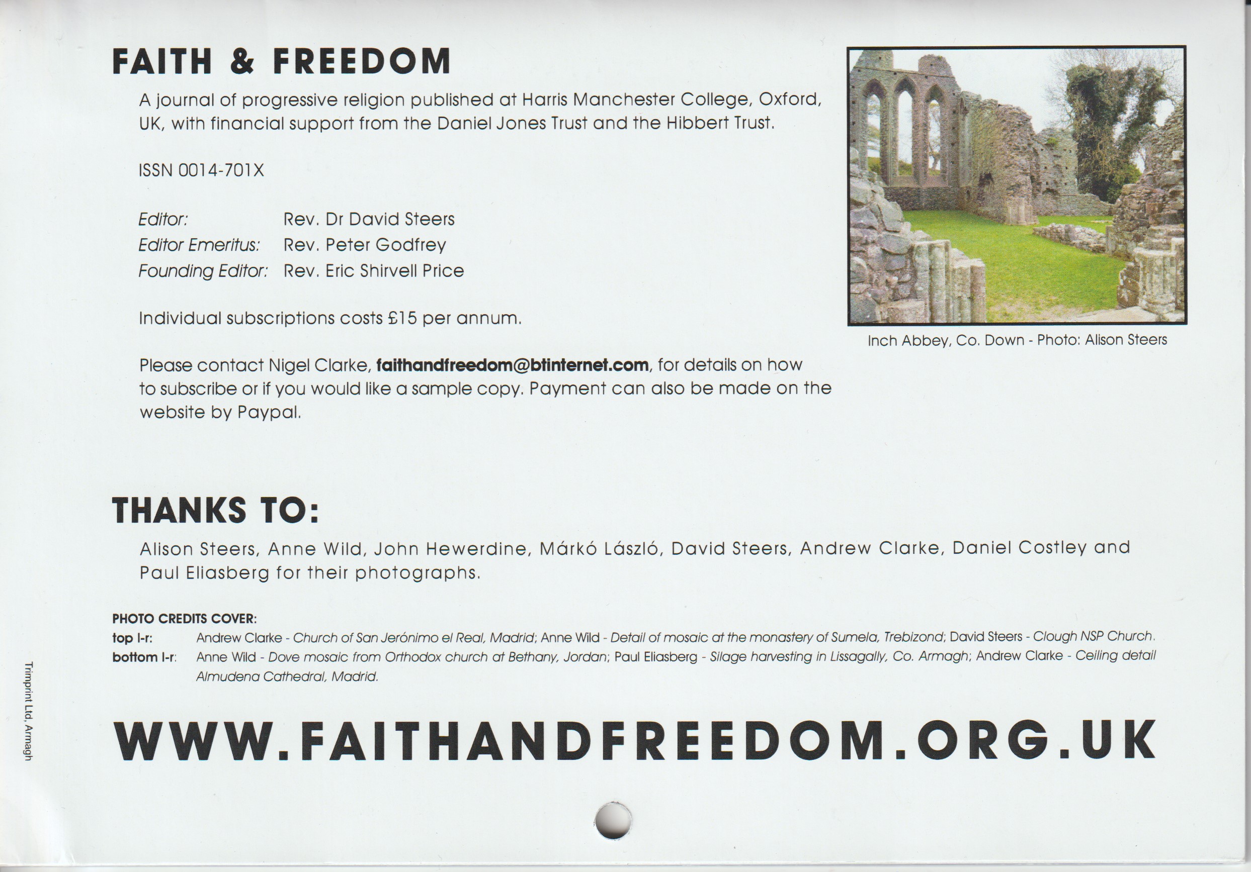 Faith and Freedom Calendar Back Cover 2018